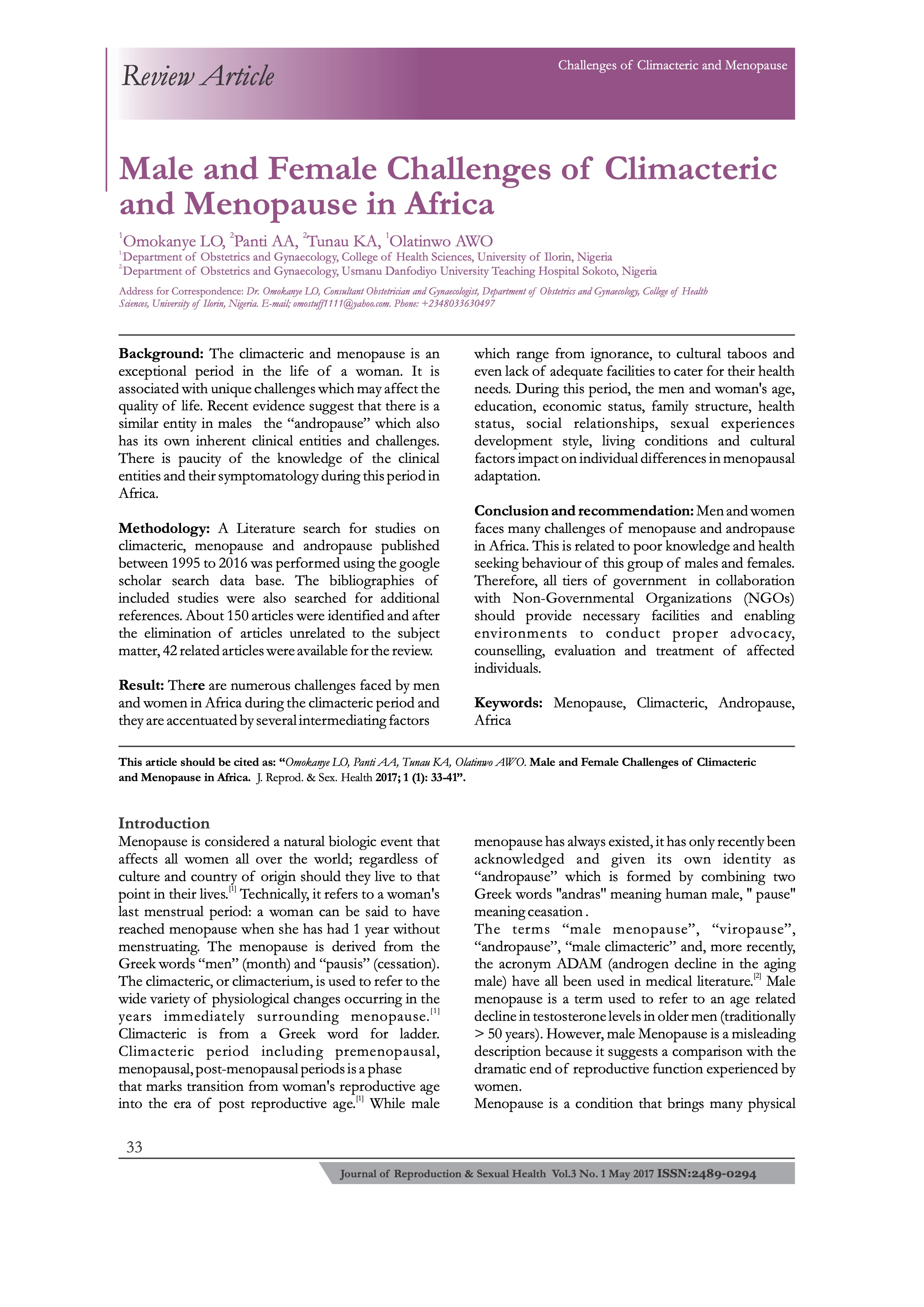 Male and Female Challenges of Climacteric and Menopause in Africa