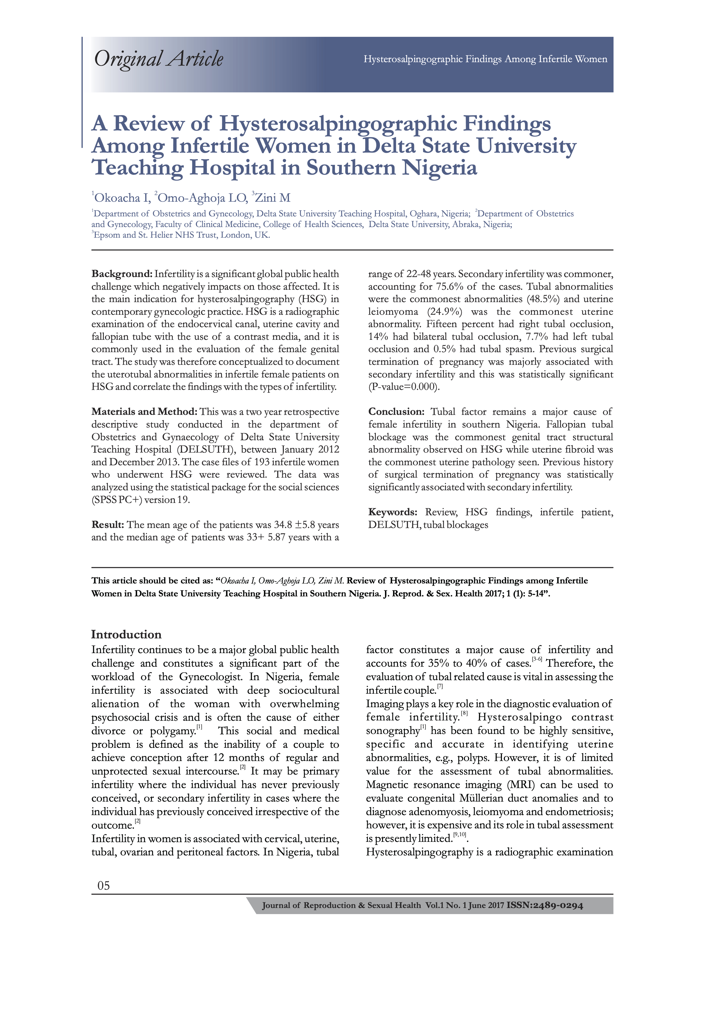 A Review of Hysterosalpingographic Findings among Infertile Women in Delta State University Teaching Hospital in Southern Nigeria