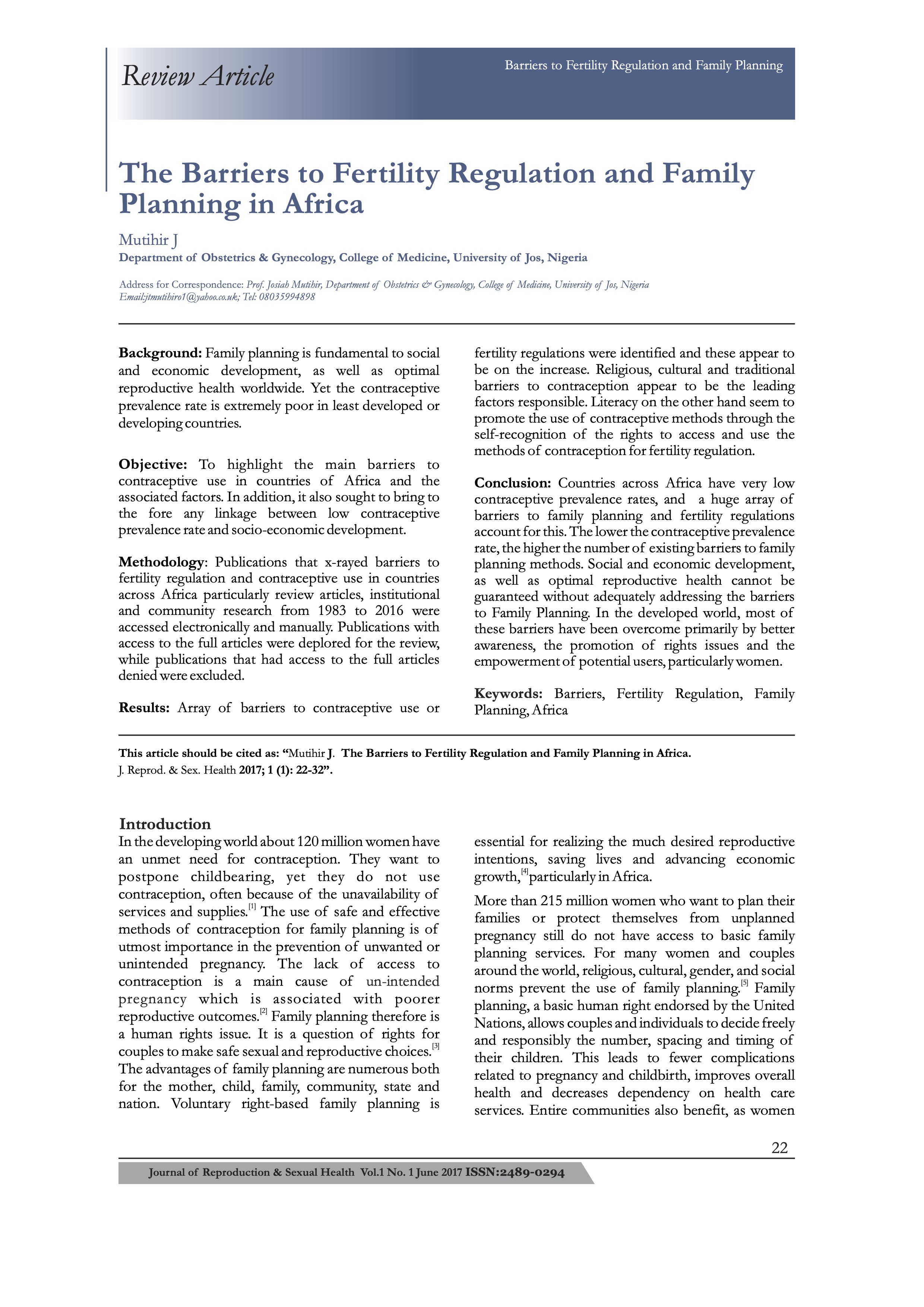 The Barriers to Fertility Regulation and Family Planning in Africa